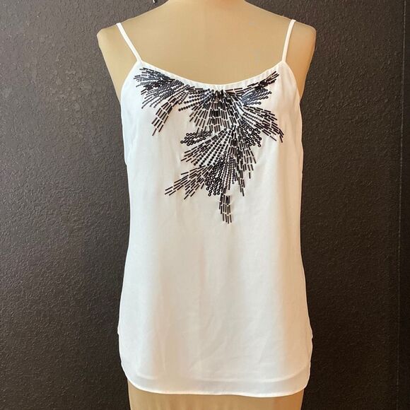 White house Black Market cream Georgette‎ cami with black beading blouse top - Picture 1 of 6
